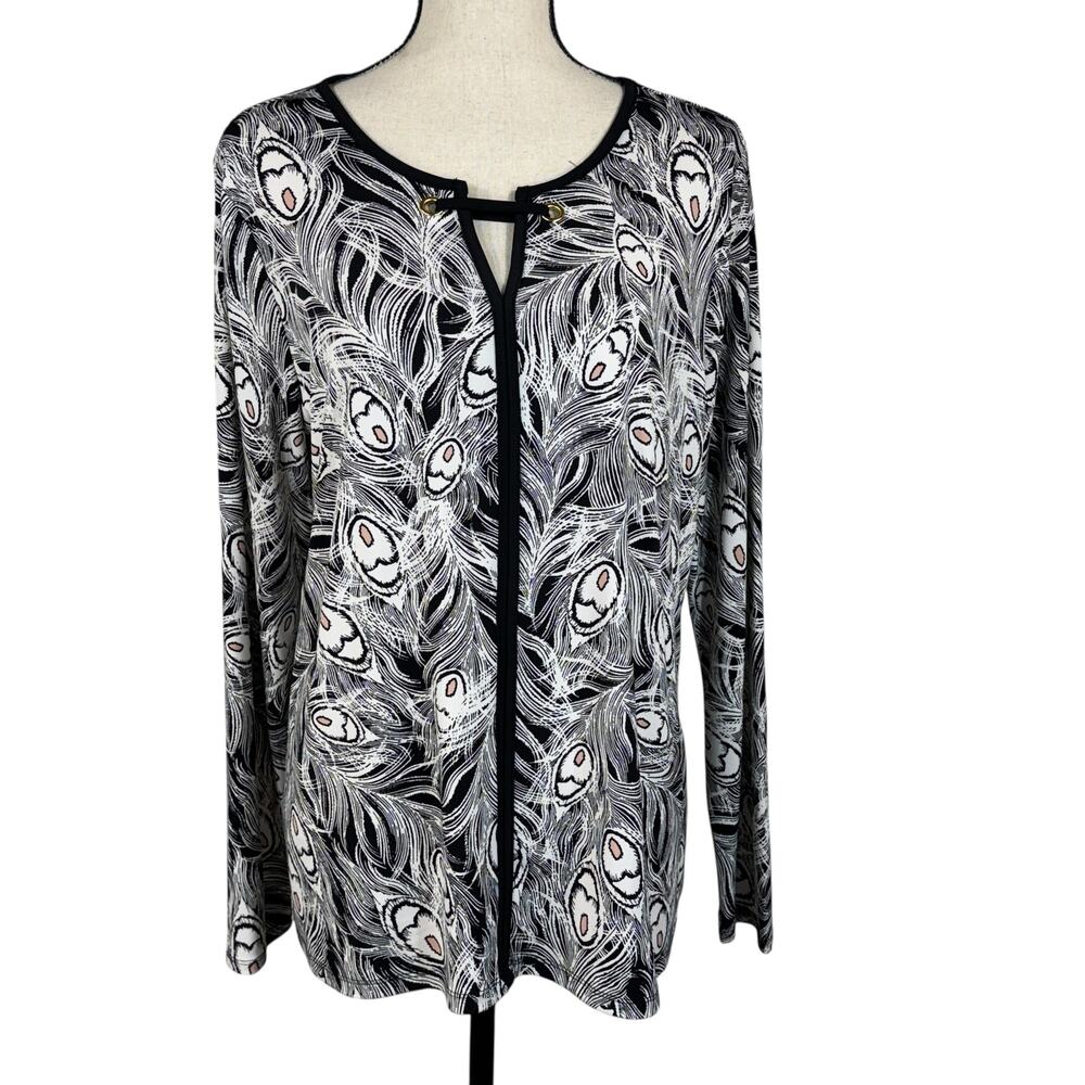 Liz Claiborne Career Large Top Feather Print Stretch Keyhole V-Neck Long Sleeve